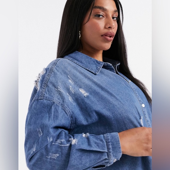 Missguided Plus Super Distressed Hem Denim Shirt Jacket Dress Blue Sz Large ASOS - Picture 2 of 13